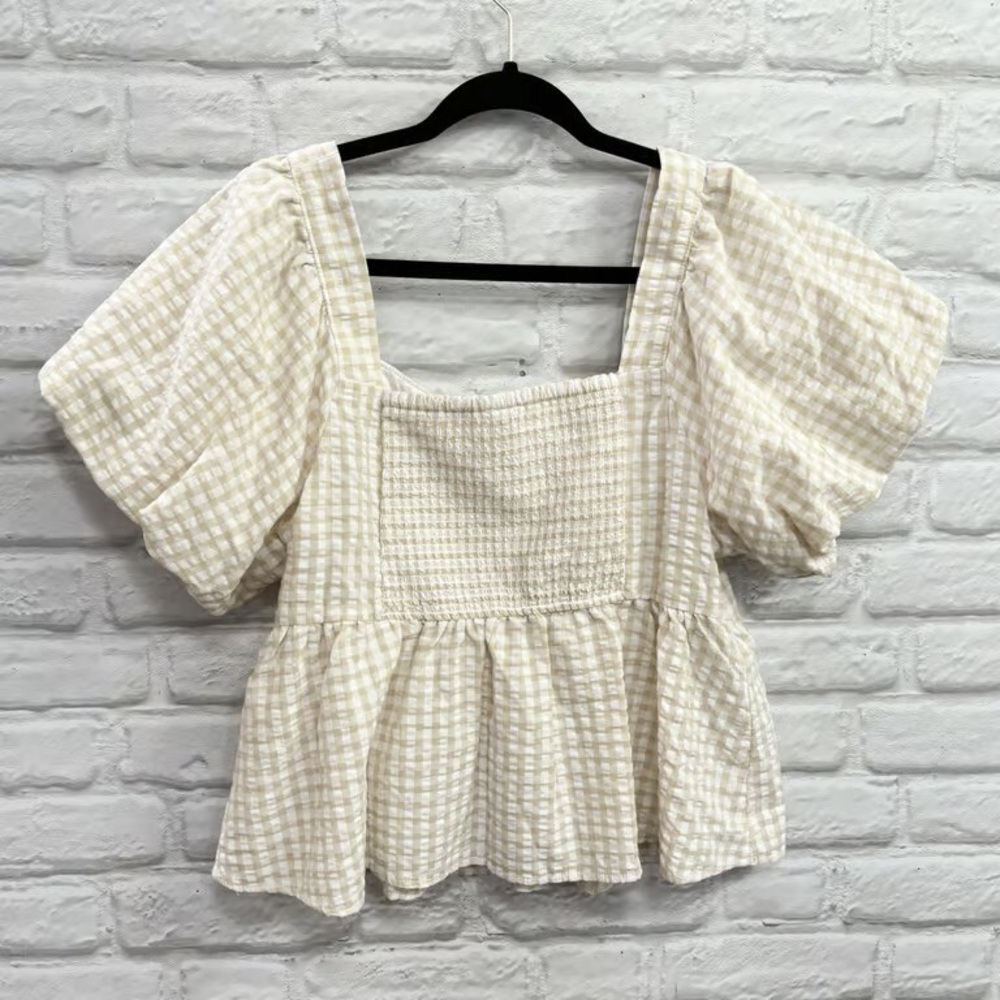 Cream Gingham Peplum Puff-Sleeve Top - Picture 2 of 2
